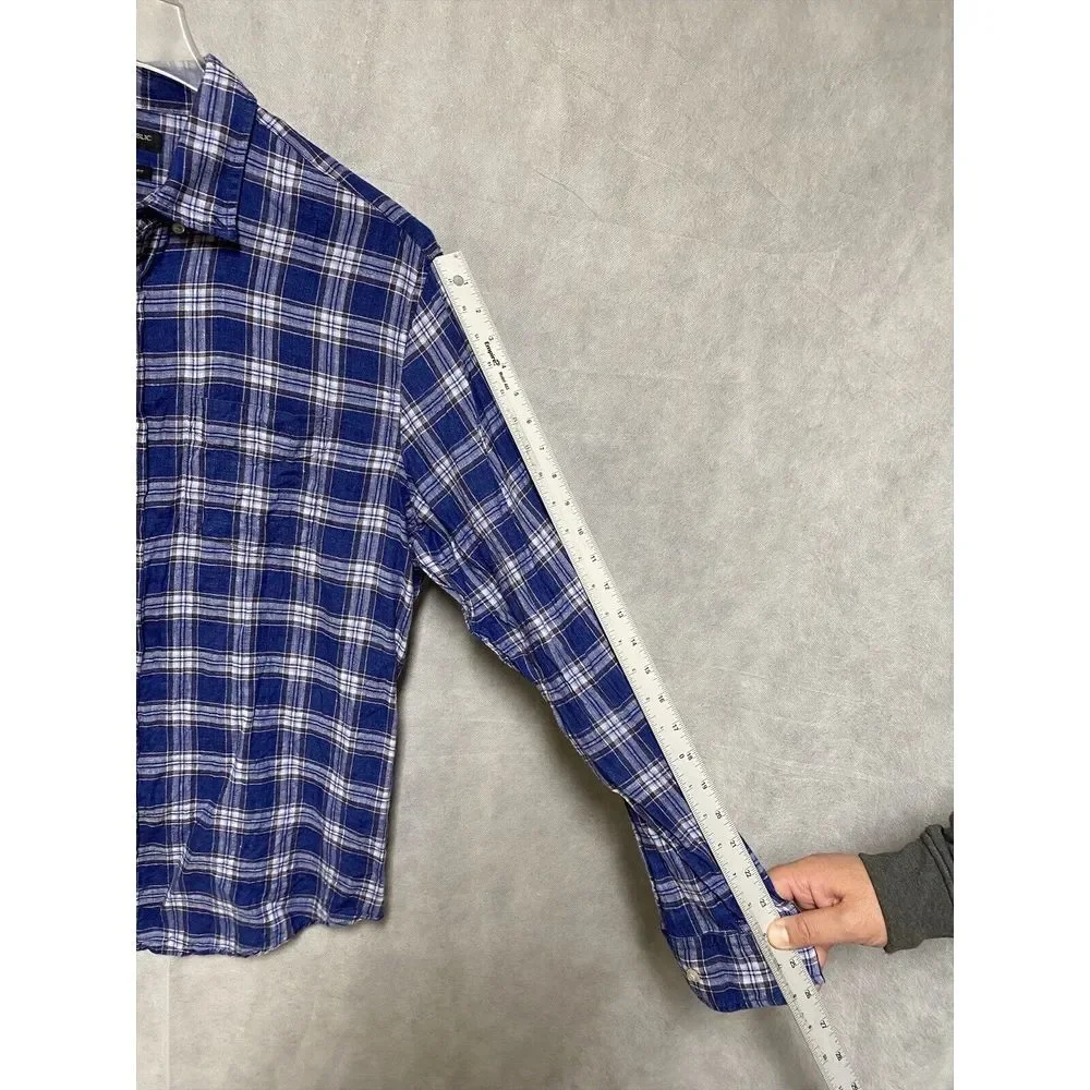Banana Republic Shirt Men L Blue‎ Plaid Linen Button Up Camden Standard Casual